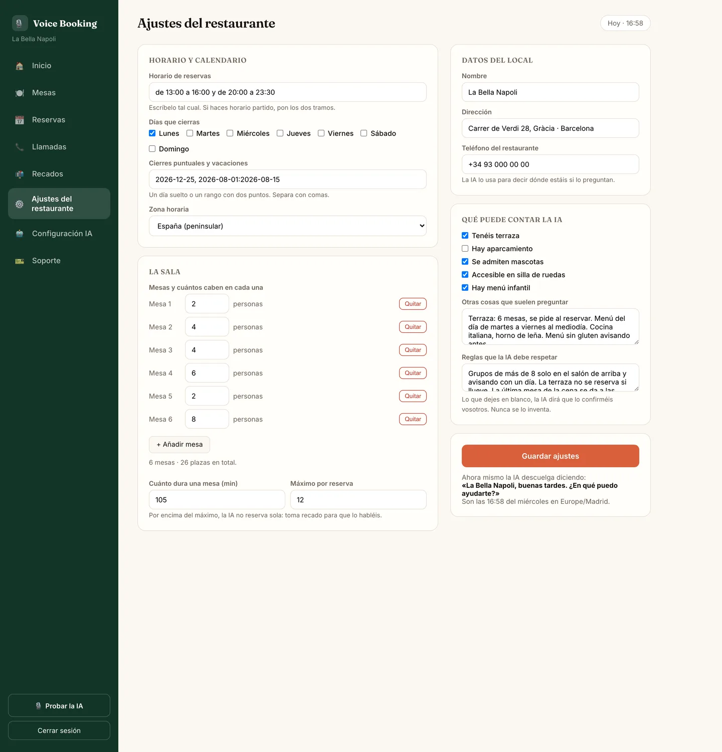 Restaurant settings screen of the Voice Booking AI panel