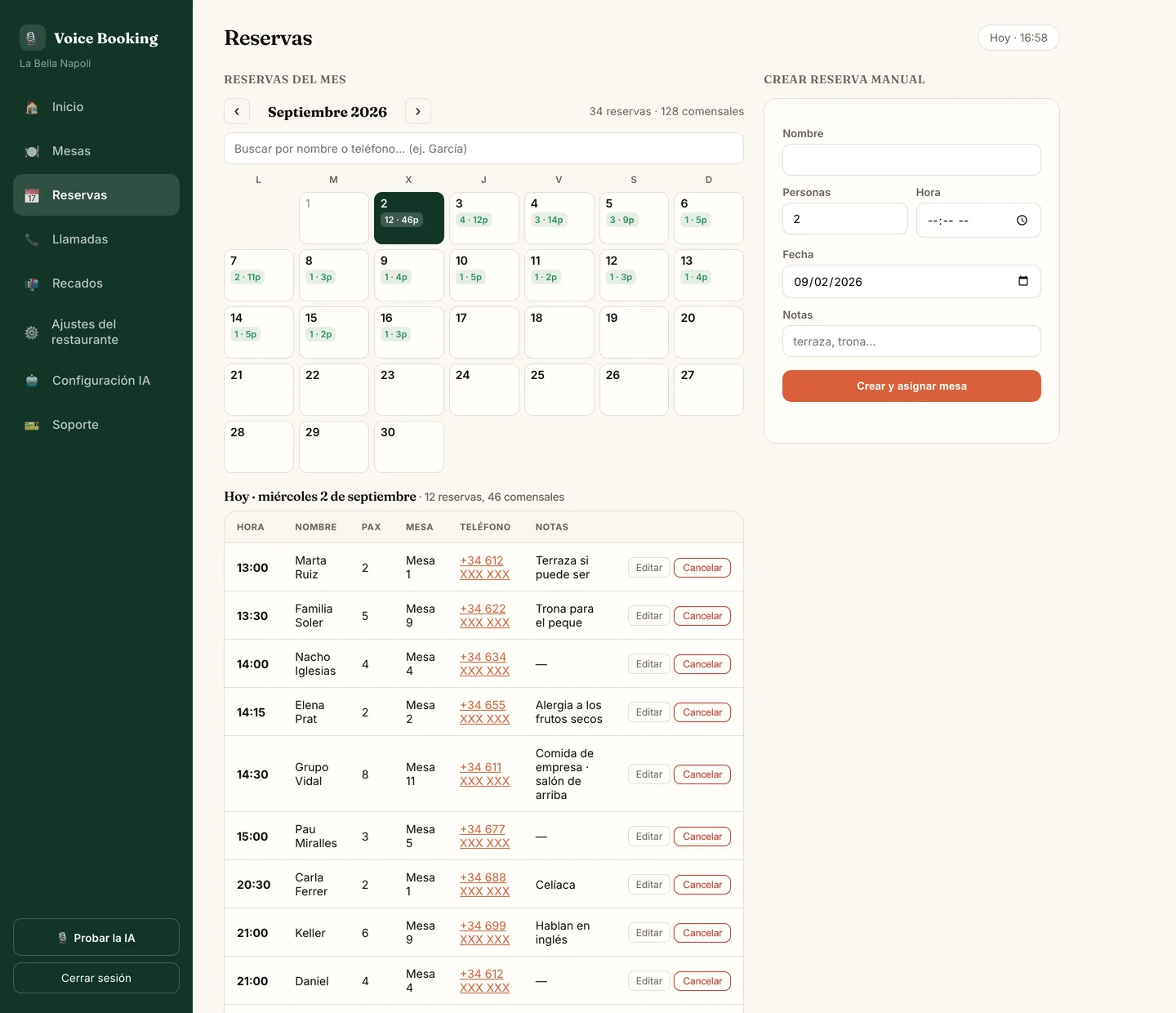 Bookings screen of the Voice Booking AI panel