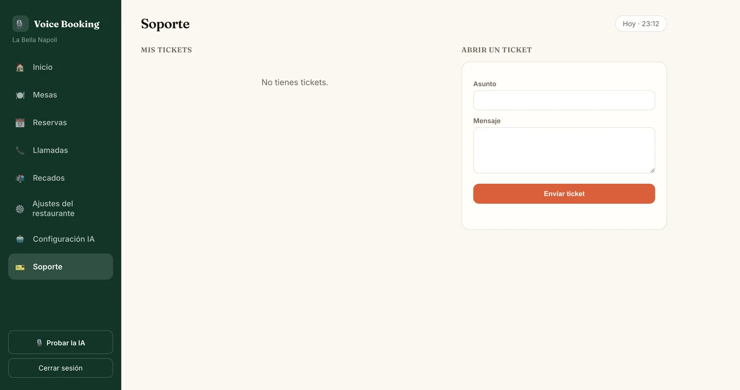 Support screen of the Voice Booking AI panel